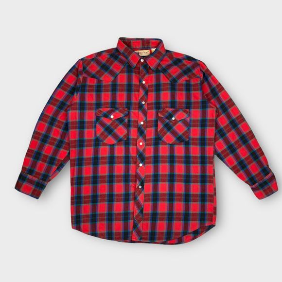 VTG Big Mac Men's Large Tall Plaid Flannel Shirt Pearl Snap Button Long Sleeve - Picture 2 of 9